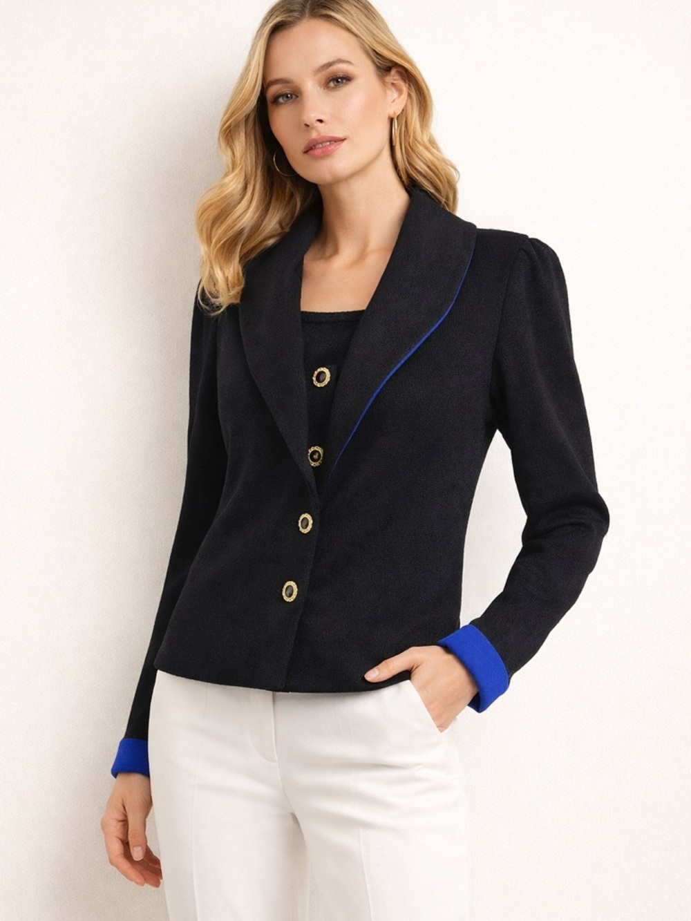St. John Black Knit Jacket Scarf Collar Gold Buttons Blue Trim Size 6 - Picture 5 of 11